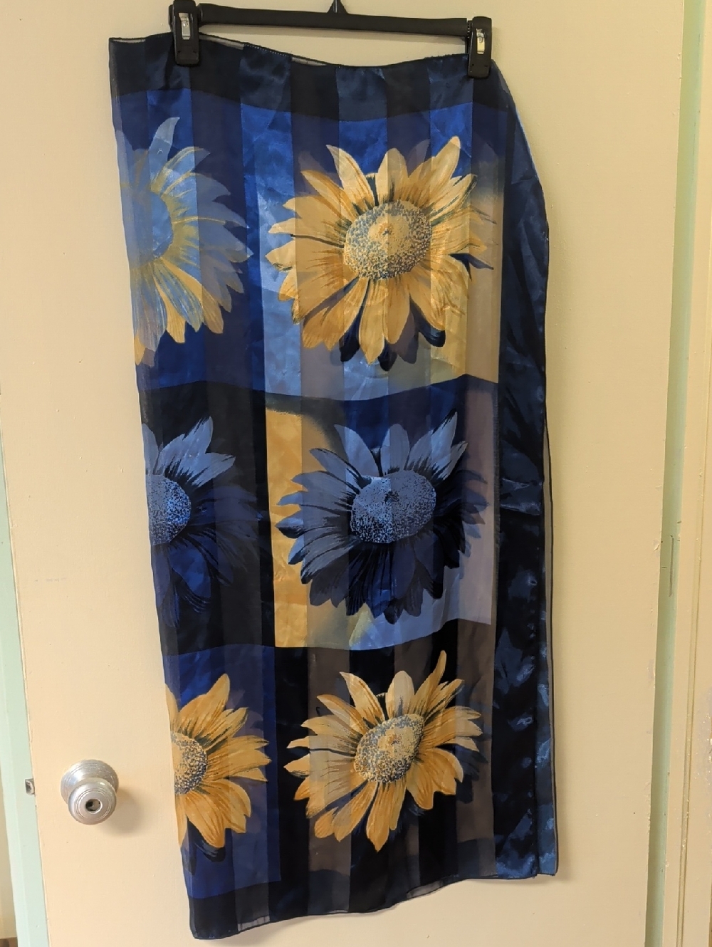 Blue Floral Sunflower Maxi Skirt with Yellow Accents